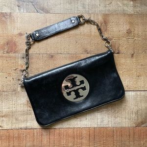 Tory Burch Reva Fold Over Clutch Purse Black Leather Double T Hardware Logo